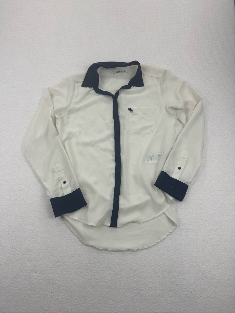Abercrombie & Fitch Colorblock Button Down Shirt Sheer Logo Ivory Navy Small